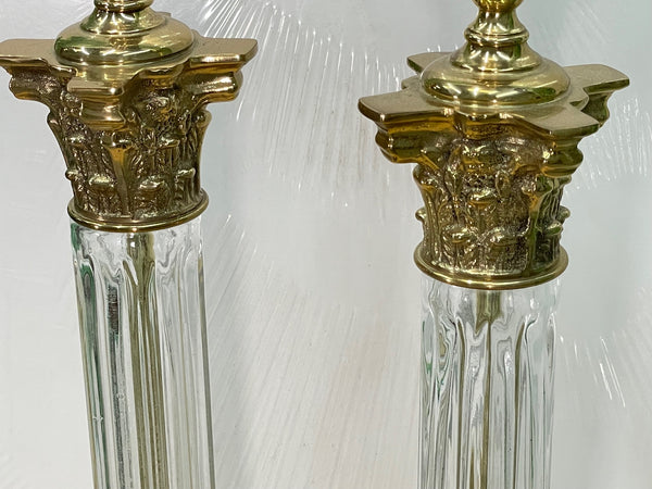 Hollywood Regency Brass and Crystal Column Table Lamps
