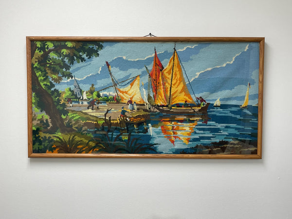 Framed Needlepoint Chinoiserie Sailboat River Scene