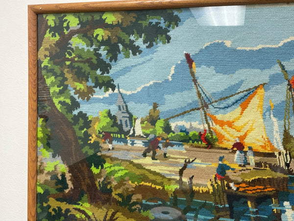 Framed Needlepoint Chinoiserie Sailboat River Scene