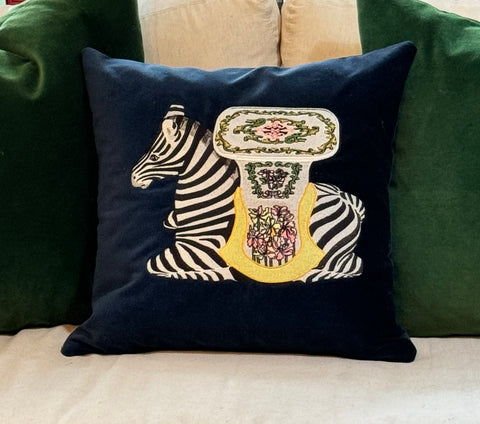 Embroidered Zebra Garden Stool Pillow - Navy - The Colony Collection