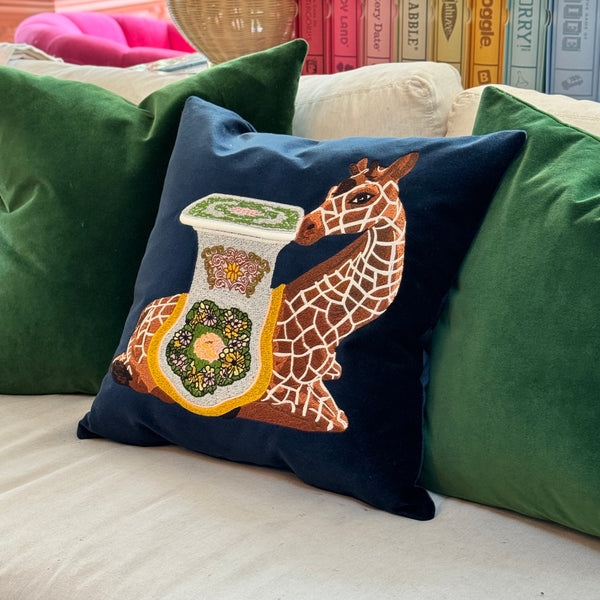 Embroidered Giraffe Garden Stool Pillow - Navy - The Colony Collection