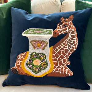 Embroidered Giraffe Garden Stool Pillow - Navy - The Colony Collection