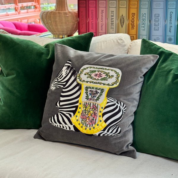 Embroidered Zebra Garden Stool Pillow - Grey - The Colony Collection