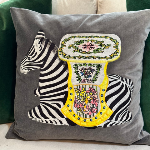 Embroidered Zebra Garden Stool Pillow - Grey - The Colony Collection