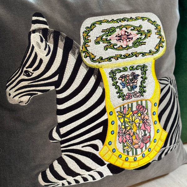 Embroidered Zebra Garden Stool Pillow - Grey - The Colony Collection