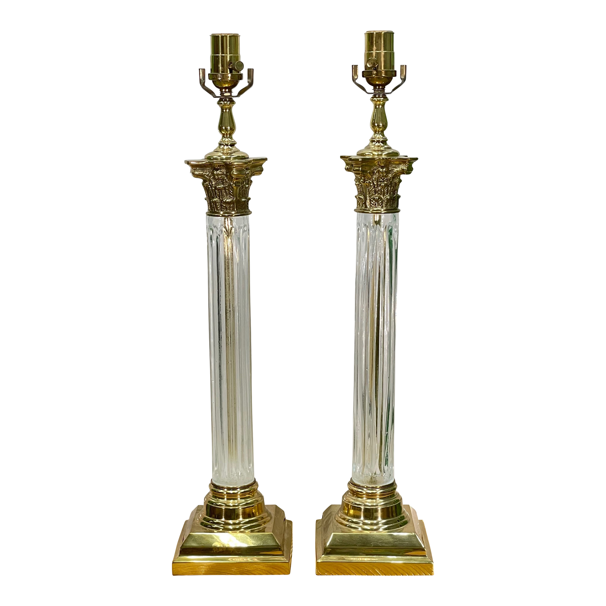 Vintage Pair Hollywood Regency Chapman Banded Brass & Crystal Glass Table  Lamps
