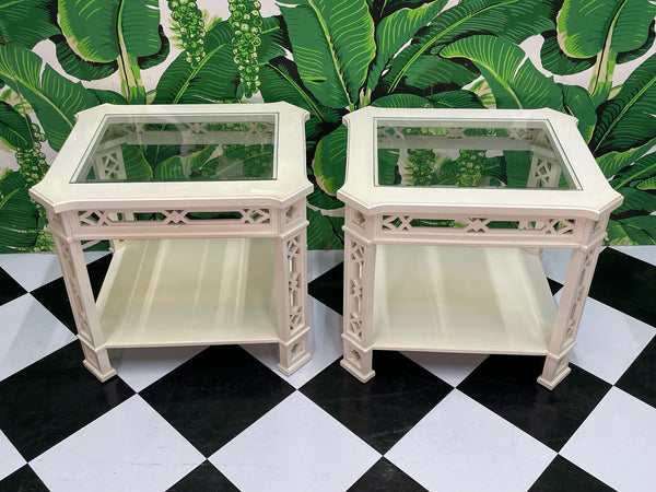 Ornate Carved Wood Fretwork End Tables by Thomasville
