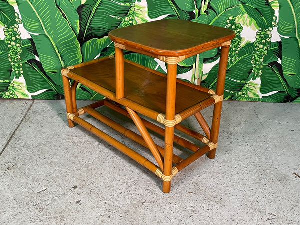 Rattan Two-Tier Side Table With Mahogany Tabletop