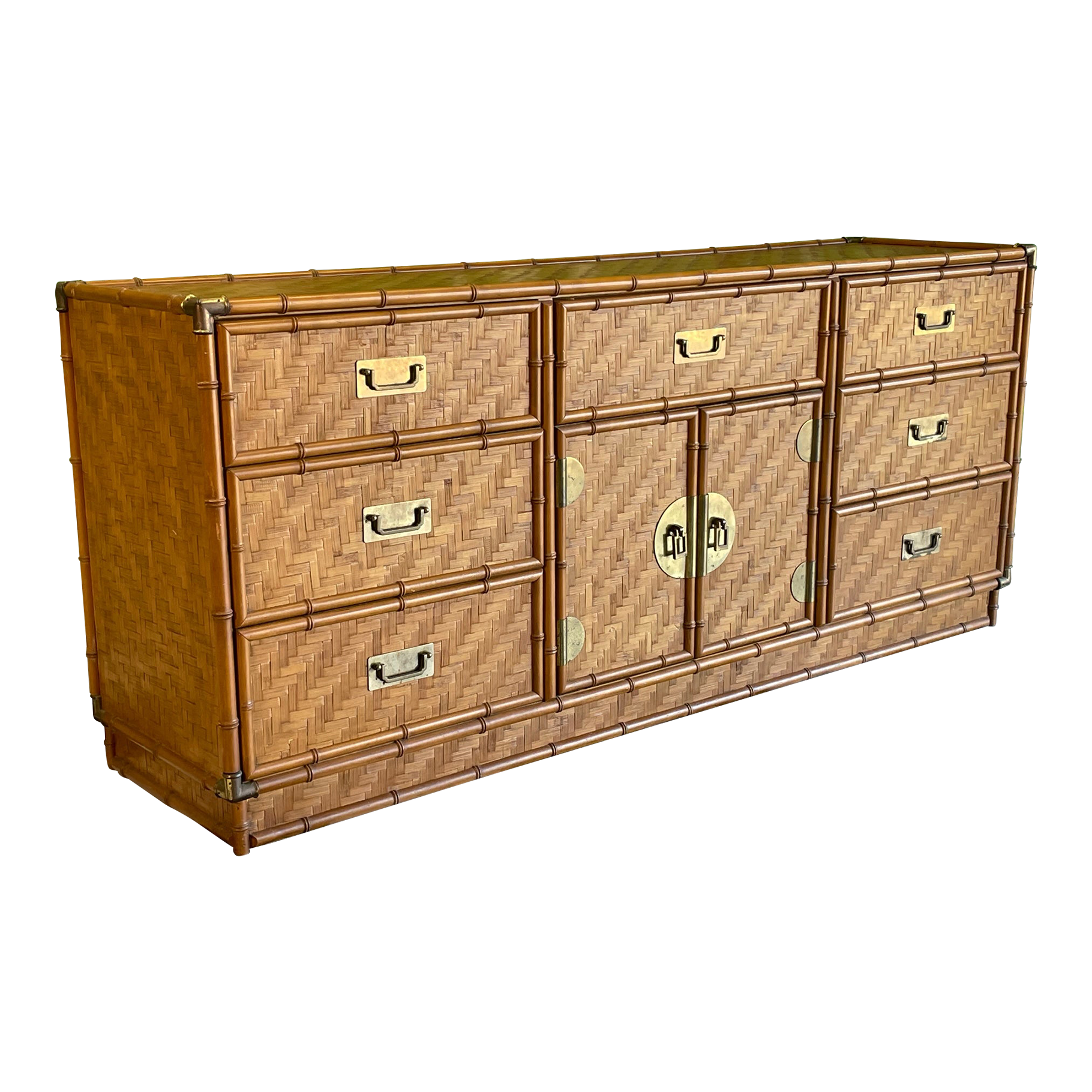 Wicker Basketweave and Faux Bamboo Campaign 9 Drawer Dresser