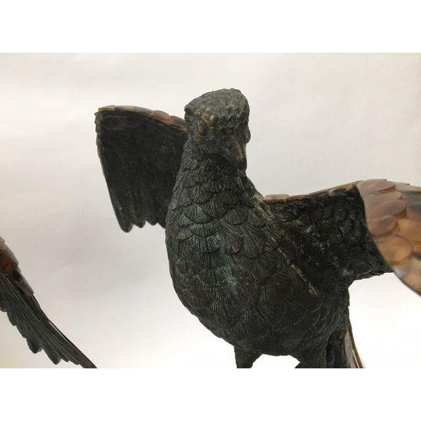 Pair of Maitland Smith Bronze Pheasant Sculptures with Tiger Penshell Inlay