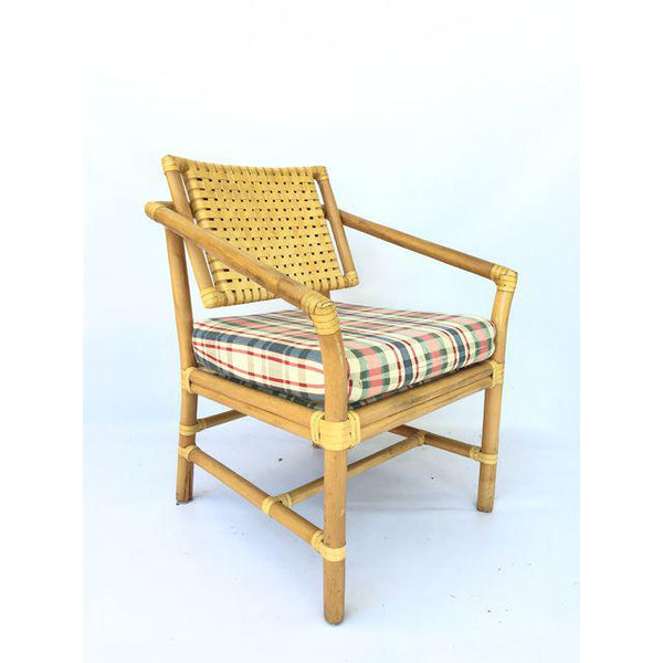 Brown Jordan Leather and Rattan Bamboo Dining Arm Chairs corner view