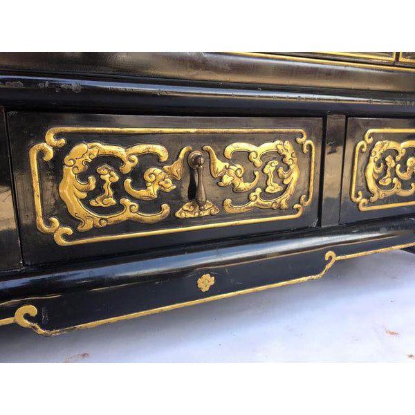 Custom Chinoiserie Hand Carved and Painted Black Lacquered Etagere