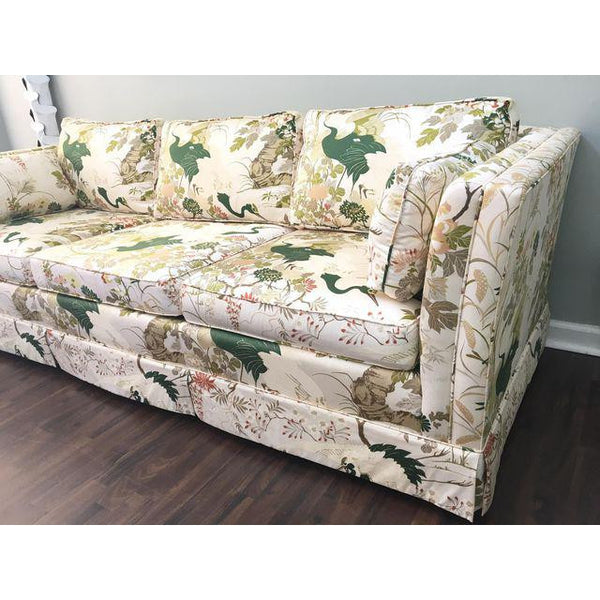 Henredon Inspired Hollywood Regency Chinoiserie Asian Bird Tuxedo Sofa