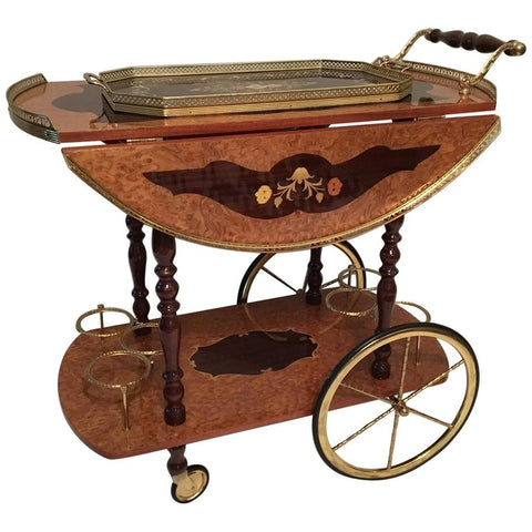 Vintage Italian Sorrento Marquetry Inlaid Wood Tea or Bar Cart