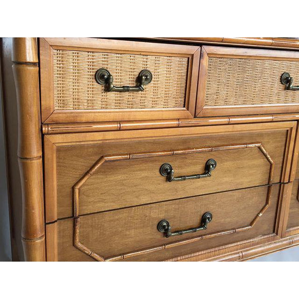 Broyhill Caned Rattan and Faux Bamboo Dresser detailing