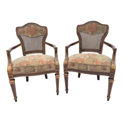 Pair of Heritage Cane Back Floral Tapestry Arm Chairs