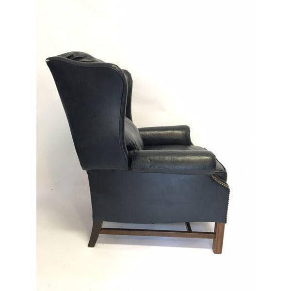 Lane Navy Leather Mid-Century Wingback Recliner