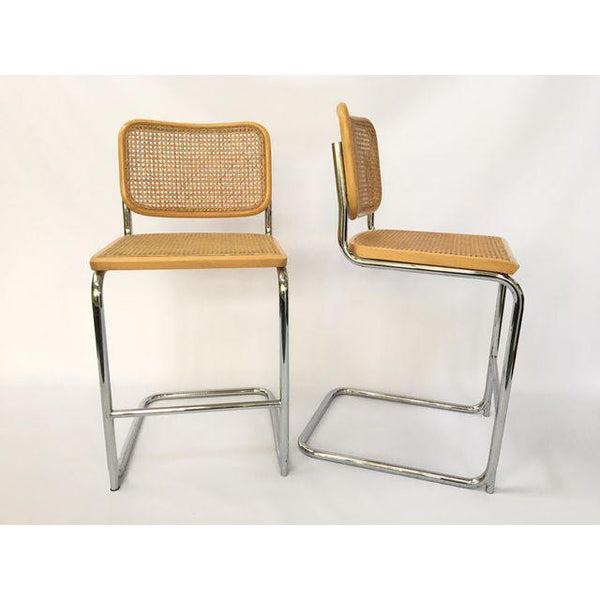 Pair of Cesco Marcel Breuer Style Chrome & Cane Bar Stools