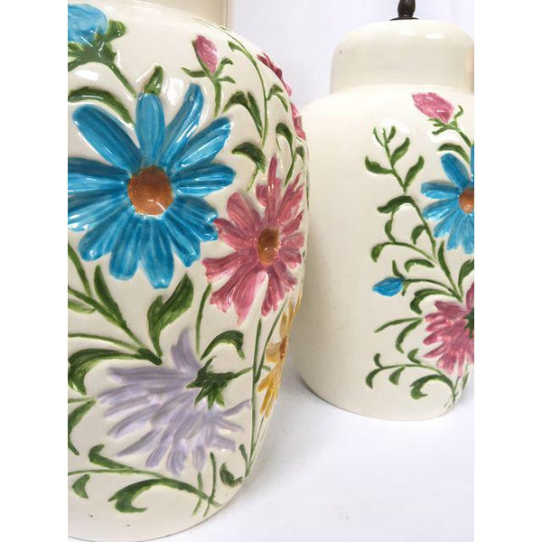 Pair of Hollywood Regency Floral Relief Ceramic Table Lamps
