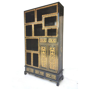 Custom Chinoiserie Hand Carved and Painted Black Lacquered Etagere