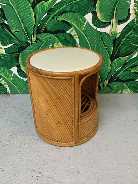 Split Reed Rattan Drum End Table in the Manner of Gabriella Crespi rear view