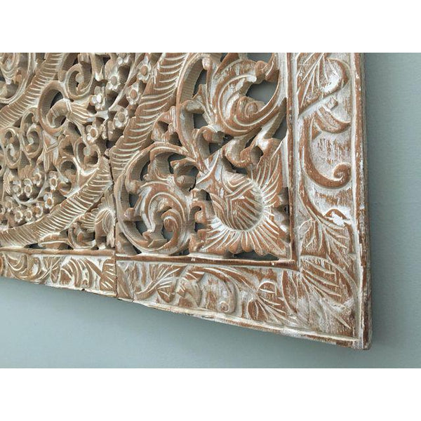 Burmese White Teak Wood Carved Lotus Panel Wall Hanging close up