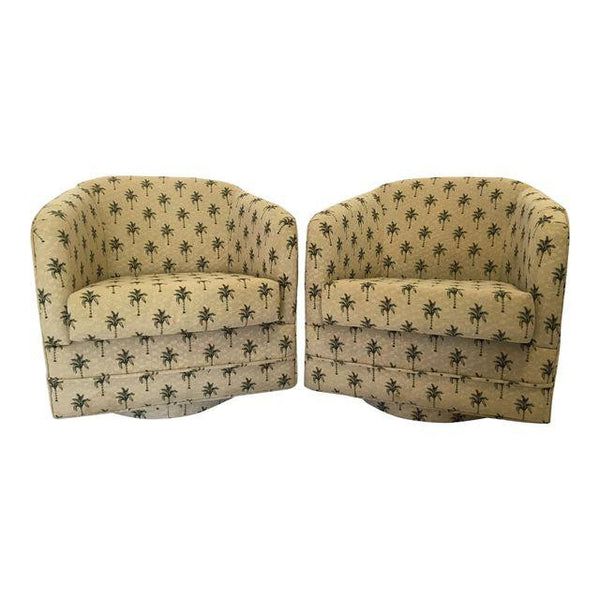 Pair of Milo Baughman Style Tropical Palm Tree Swivel Club Chairs