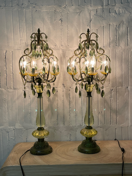 Vintage Green Glass Chandelier Table Lamps, a Pair front view