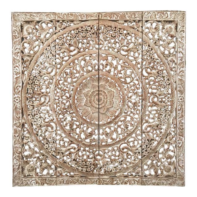 Burmese White Teak Wood Carved Lotus Panel Wall Hanging