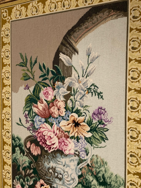 Large Floral Needlepoint Framed Art close up
