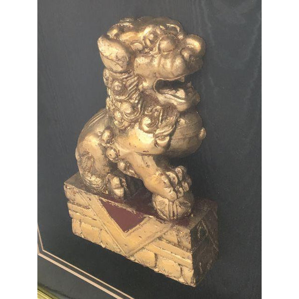 Pair of Framed Asian Chinoiserie Gold Gilt Foo Dog Sculptures