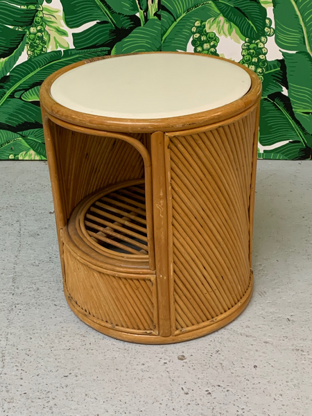 Split Reed Rattan Drum End Table in the Manner of Gabriella Crespi