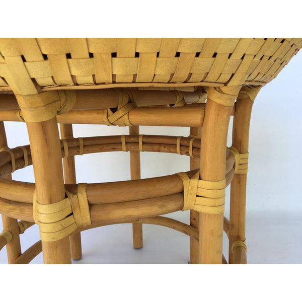 Brown Jordan Leather Rattan Bamboo Round Dining Table close up