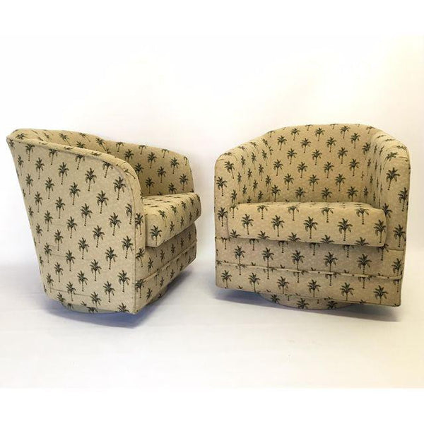 Pair of Milo Baughman Style Tropical Palm Tree Swivel Club Chairs