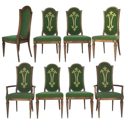 Dorothy Draper for Heritage Green Velvet with Embroidery Dining Chairs- Set of 8