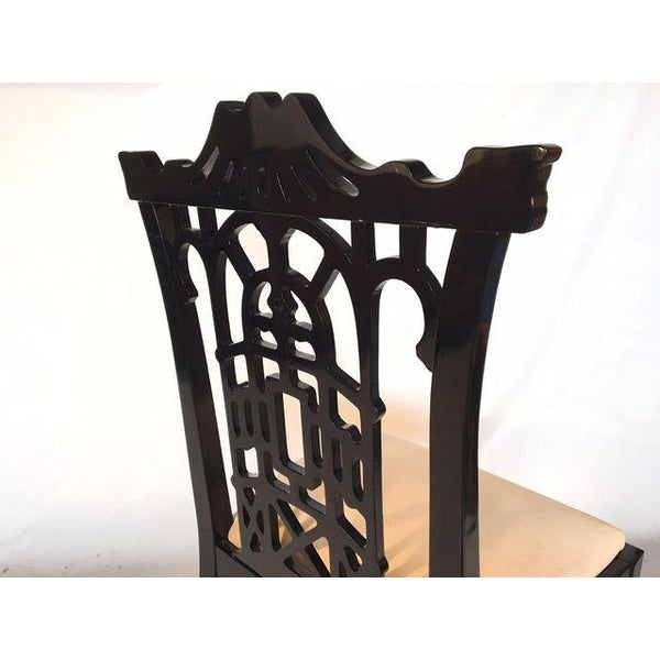 Set of 4 Black Lacquer Asian Chinoiserie Pagoda Dining Chairs