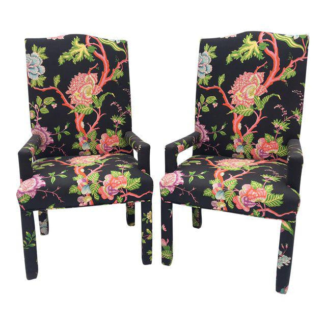 Pair of Chinoiserie Floral Arm Chairs After Milo Baughman