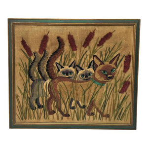 Vintage "Cat Tails in Cattails" Framed Embroidery