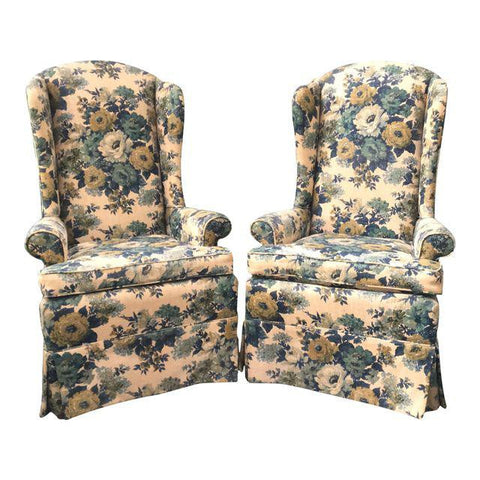 Pair of Laine Floral High Wing Back Chairs