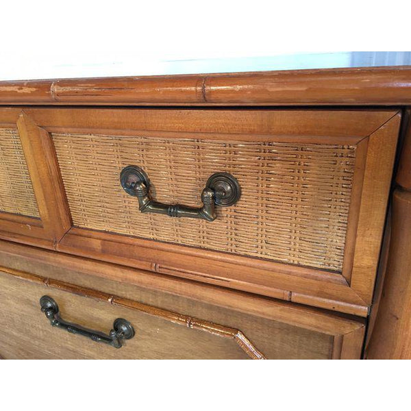 Broyhill Caned Rattan and Faux Bamboo Dresser close up