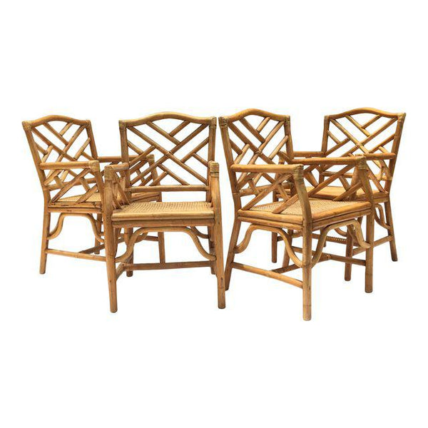 Chinese Chippendale McGuire Style Rattan Bamboo Arm Dining Chairs