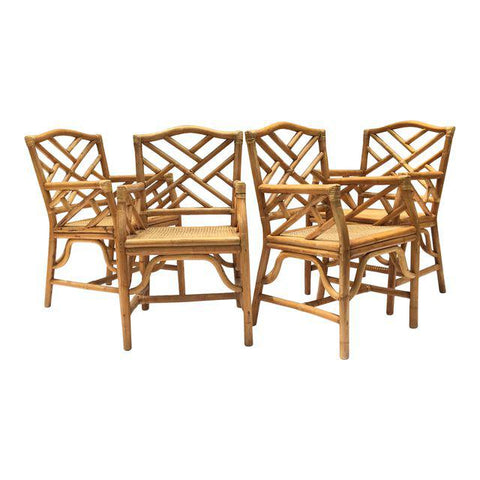 Chinese Chippendale McGuire Style Rattan Bamboo Arm Dining Chairs