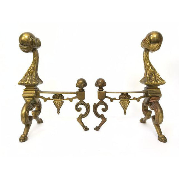 Pair of Solid Brass Lion Head Fire Ball Andirons