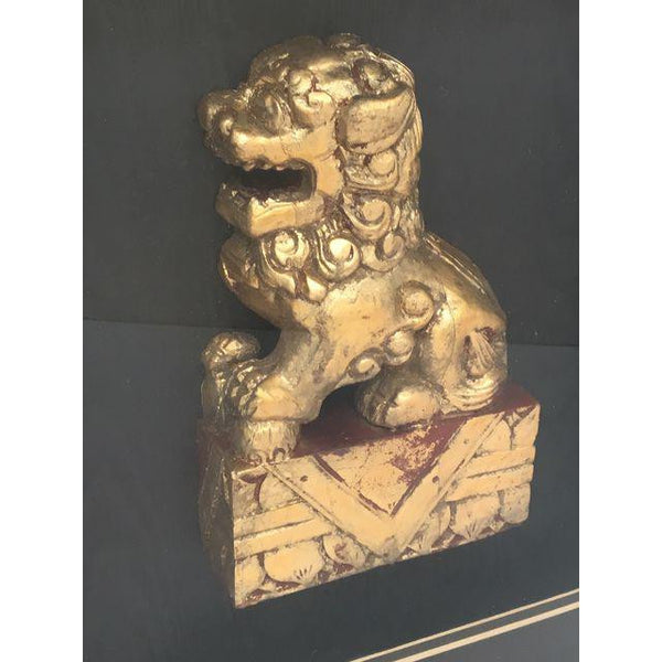 Pair of Framed Asian Chinoiserie Gold Gilt Foo Dog Sculptures