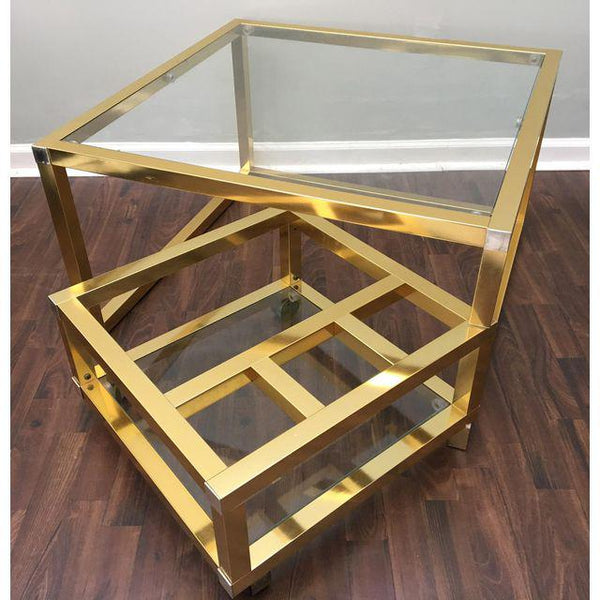 Cubist Brass Swivel Coffee Table with Wine Rack After Milo Baughman open