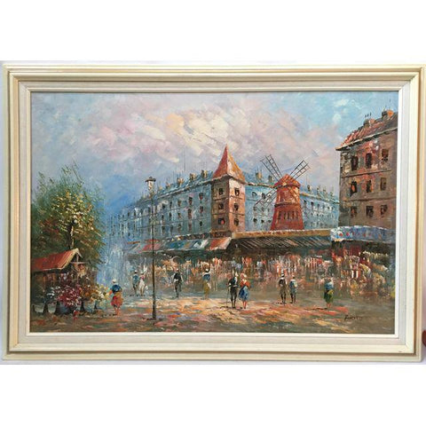 Vintage Caroline Burnett Signed Paris Moulin Rouge Street Scene Framed Oil Painting