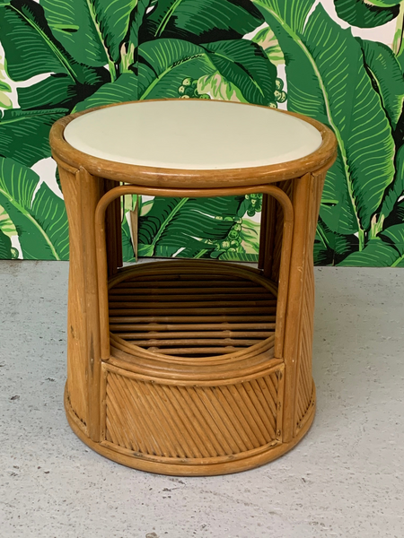 Split Reed Rattan Drum End Table in the Manner of Gabriella Crespi front view