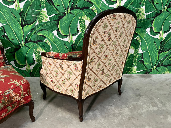 Asian Chinoiserie Carved Bergere Chairs and Ottoman