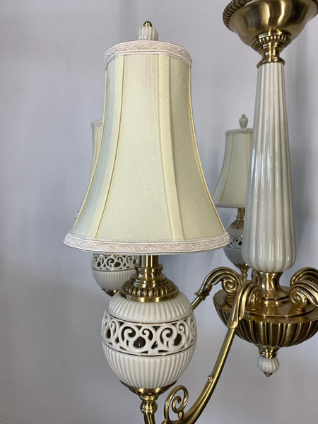 Brass and Ceramic Five Light Chandelier by Lenox close up
