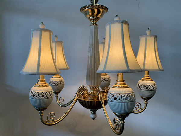 Brass and Ceramic Five Light Chandelier by Lenox front view